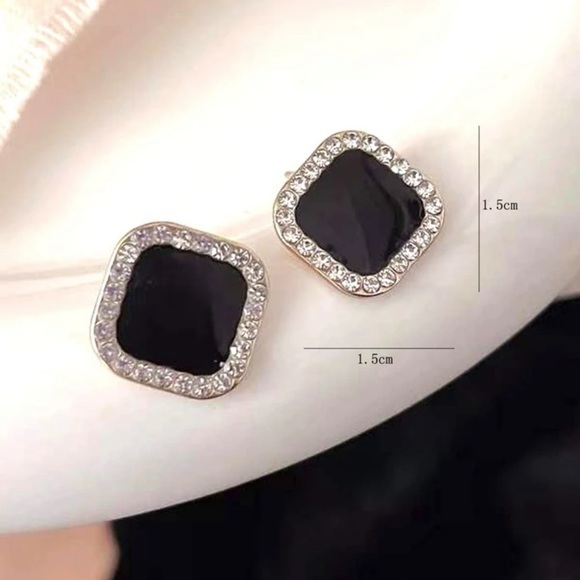 Rhinestone Geo Stud Earrings Golden Black Square - Picture 4 of 7
